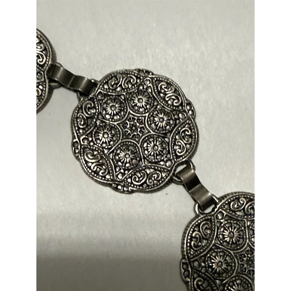 Chain Medallion Belt Silver Tone Embossed Circles Boho Festival
